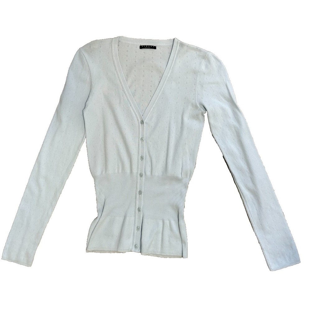 Sisley Cardigan Lightweight Sweater Size XS Blue Pointelle Italy Slim L/S EUC